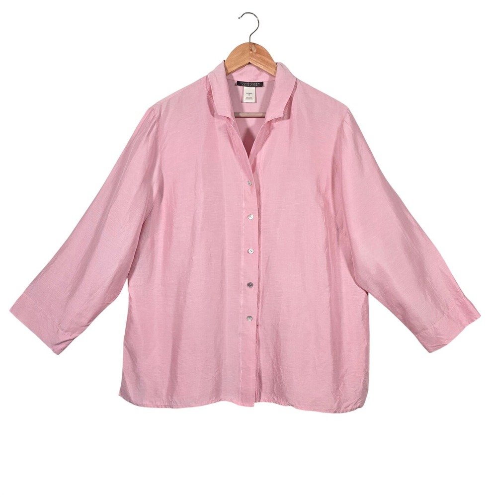Sigrid Olsen Collection Silk Linen Shirt Button Down‎ Womens 1X Pink 3/4 Sleeves